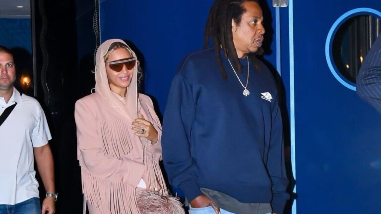 Beyonce wore a Monochromatic Elie Saab Outfit With Jay Z in a Navy 4040 Club Sweatshirt with Louis Vuitton X Timberland Boots to a Private NYC Event feat