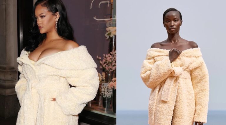 8 Rihanna Launches Fenty Hair in London in a Jacquemus Cream Coat John Galliano SS 06 Ruffle Dress and Gold Custom Amina Muaddi Heels 1