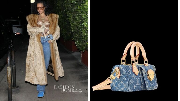 Rihanna Grabbed Dinner in a Vintage Coat Gold Corset Blue Jeans and a Louis Vuitton Nano Speedy Bag feat image