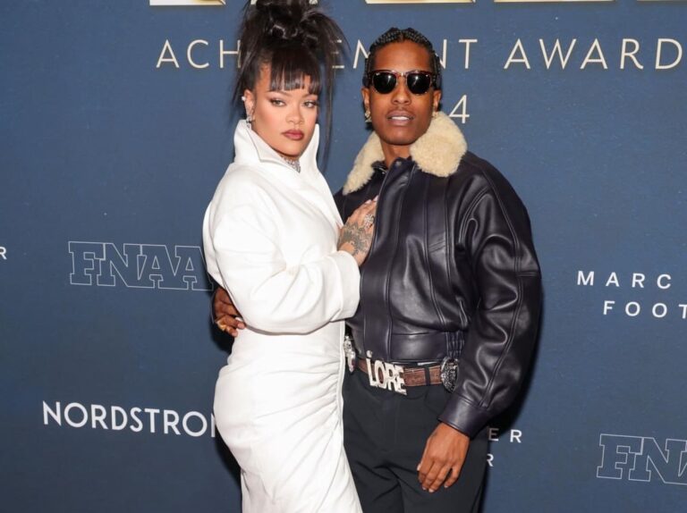 Rihanna and ASAP Rocky Attend the Footwear News Awards in a Custom White Alaia Gown a Black Leather Phoebe Philo CoatIMG 5717 copy