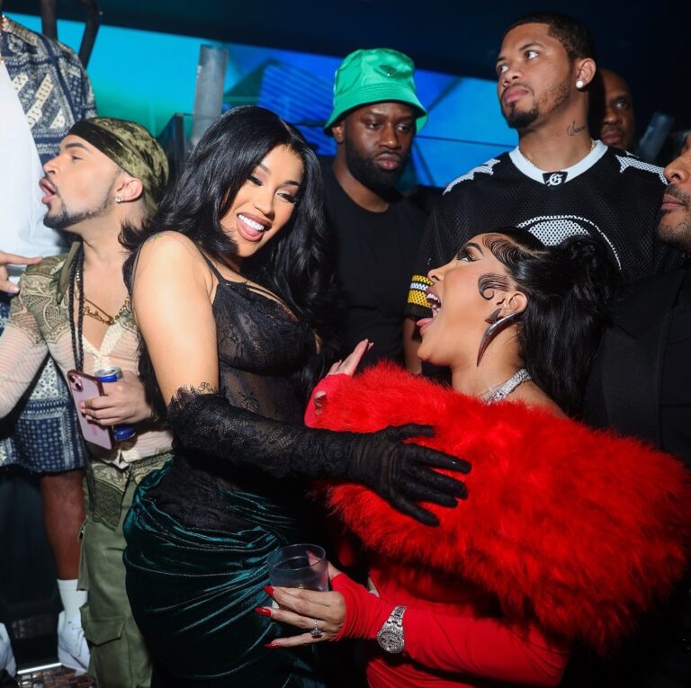 88 Cardi B Celebrates the New Year in a Mimoza Kadriaj Black Velvet Drape Gown and a Custom Jordon Wllis Pink and Green Lace Mini Dress