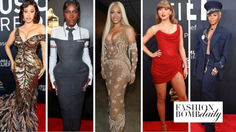 Top 10 Best Dress Celebrities at the 20205 Grammys Beyonce Wins Best Album in a Gold Schiaparelli Dress Cardi B Dazzles in a Multicolor Roberto Cavalli Feather Gown feat image